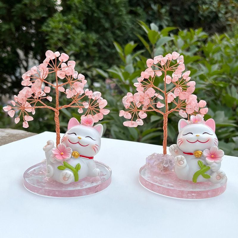 Rose Quartz Lucky Cat with Crystal Tree