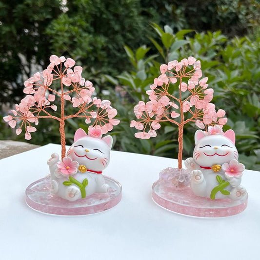 Rose Quartz Lucky Cat with Crystal Tree